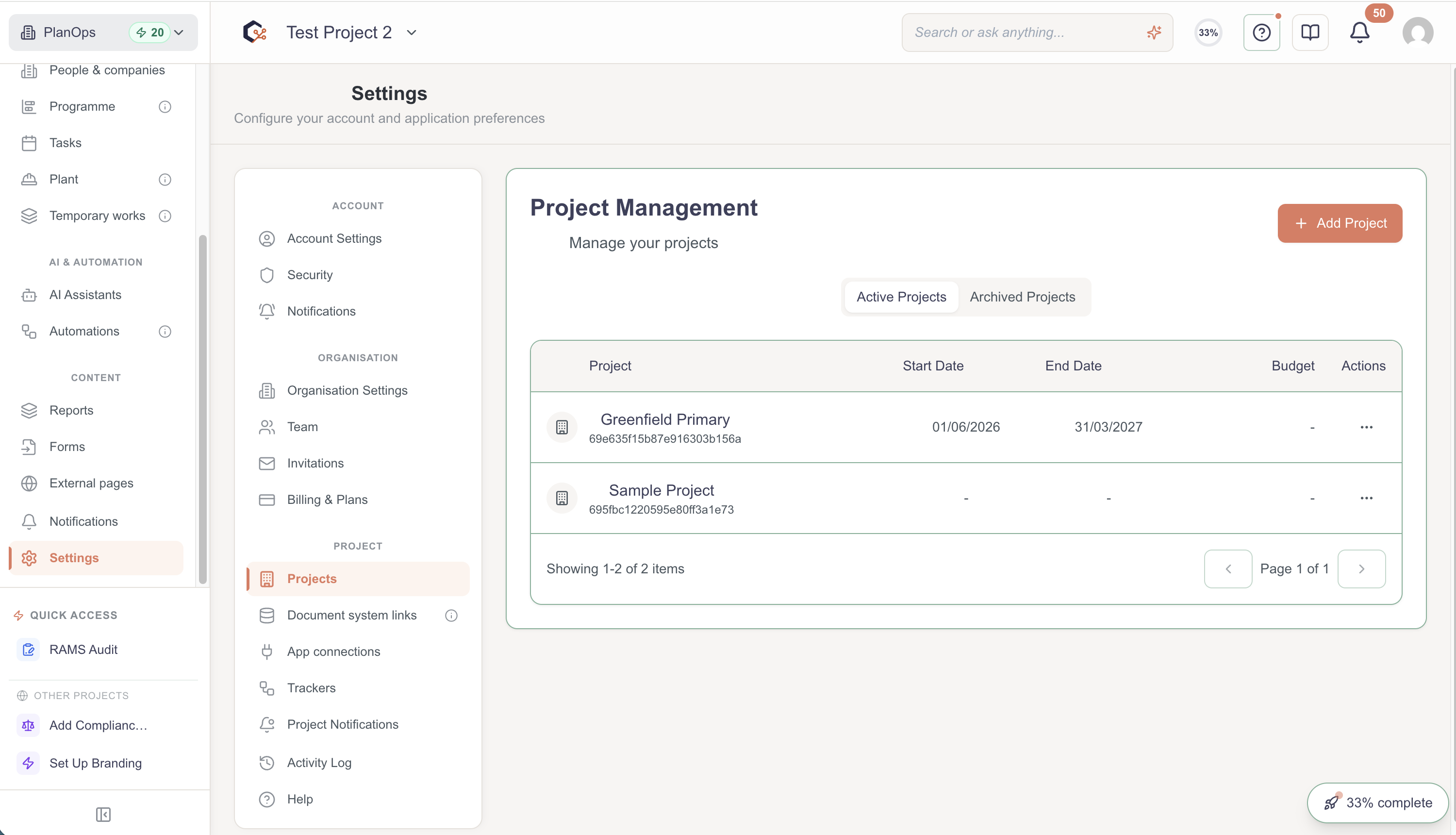 Open the Add Project modal