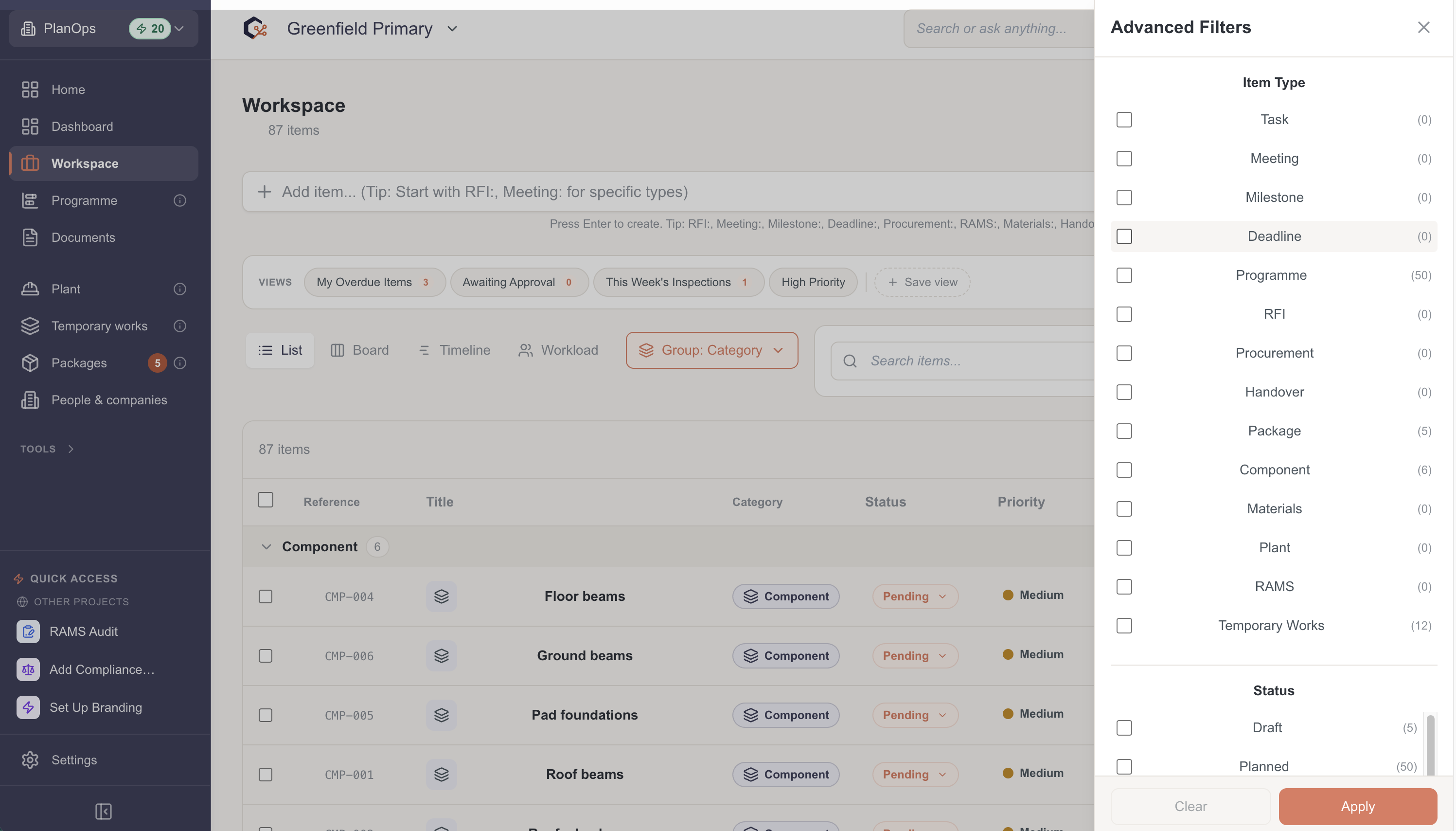 Search and filter workspace items
