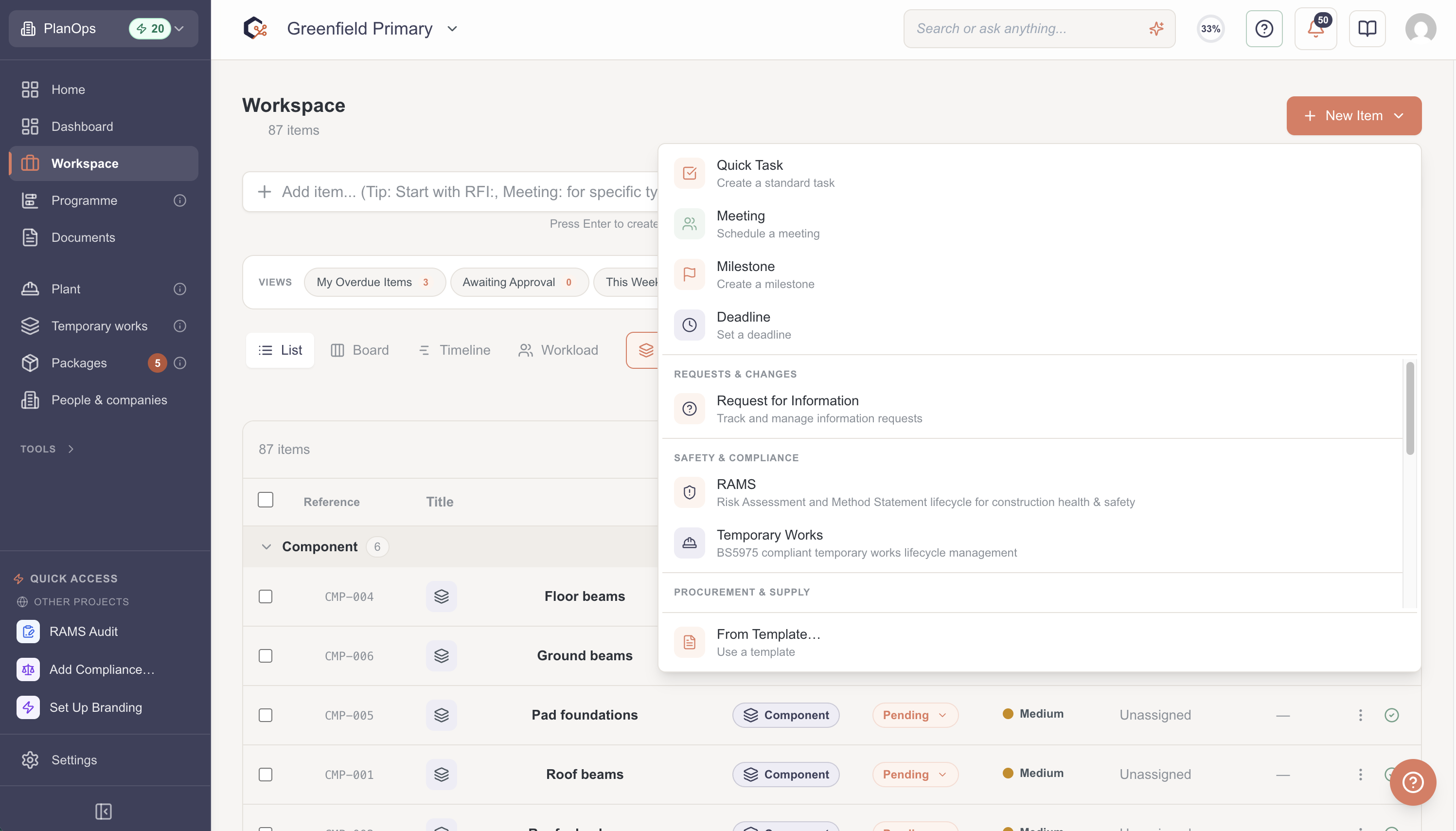 Add a new workspace item