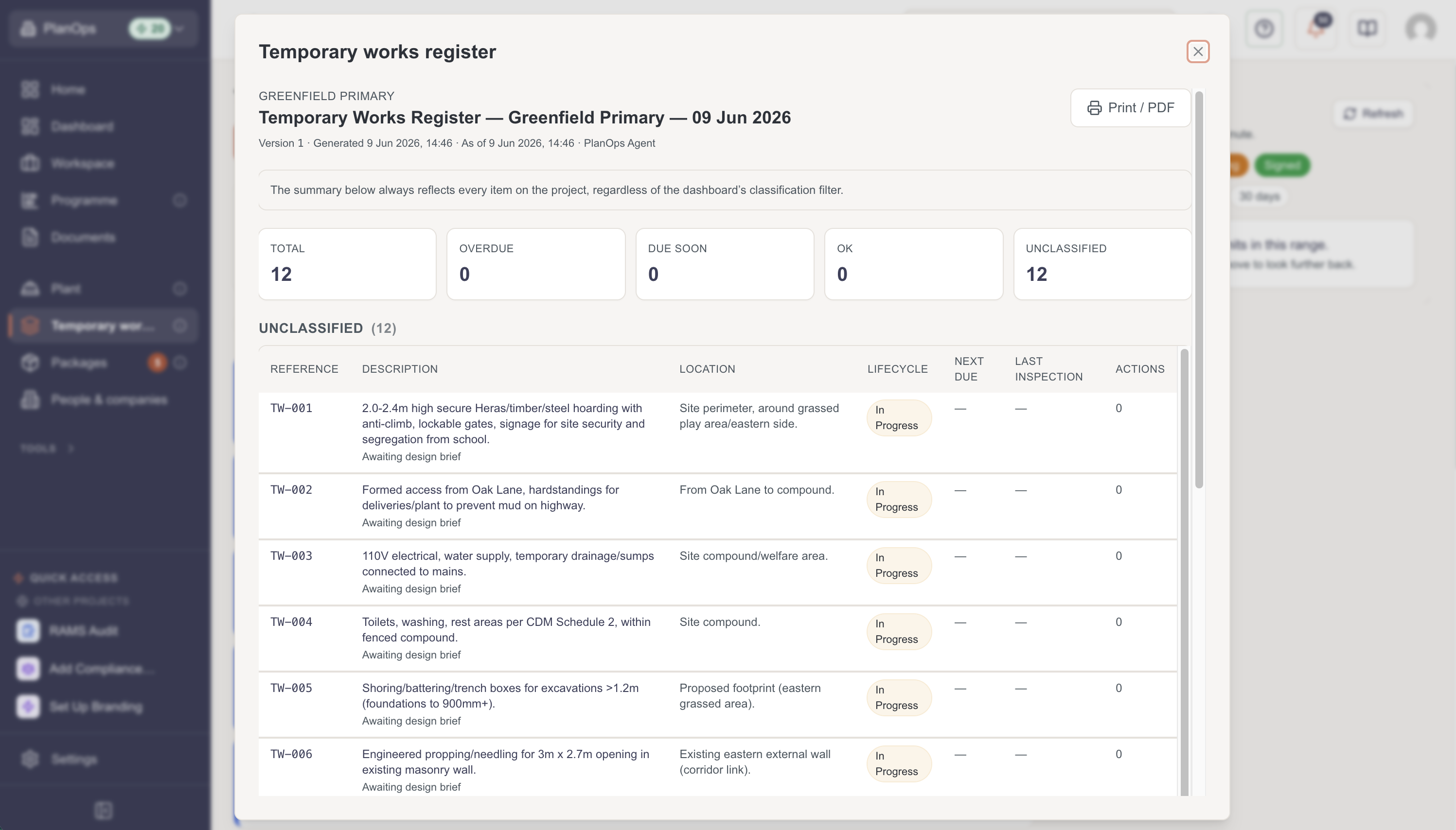 Review the temporary works register