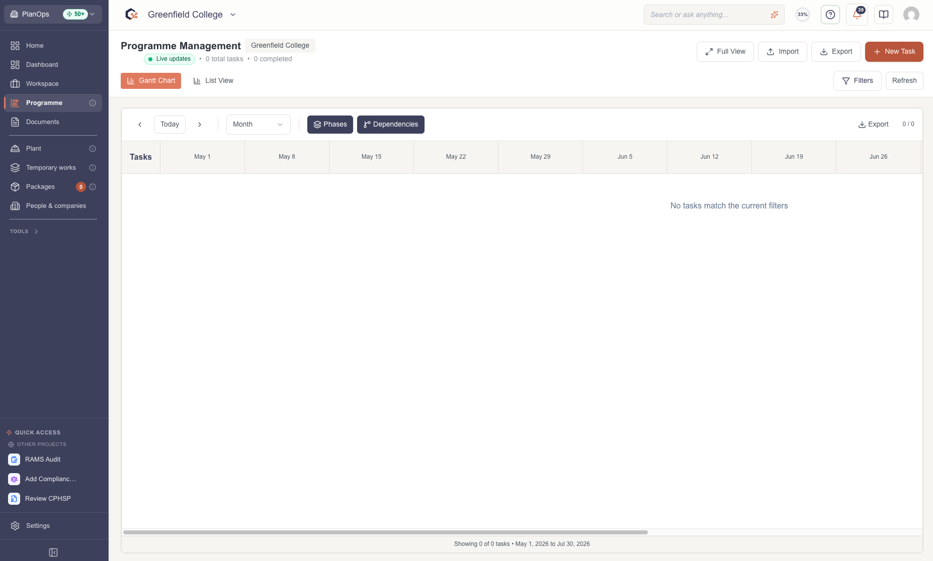 Open the import programme tasks dialog