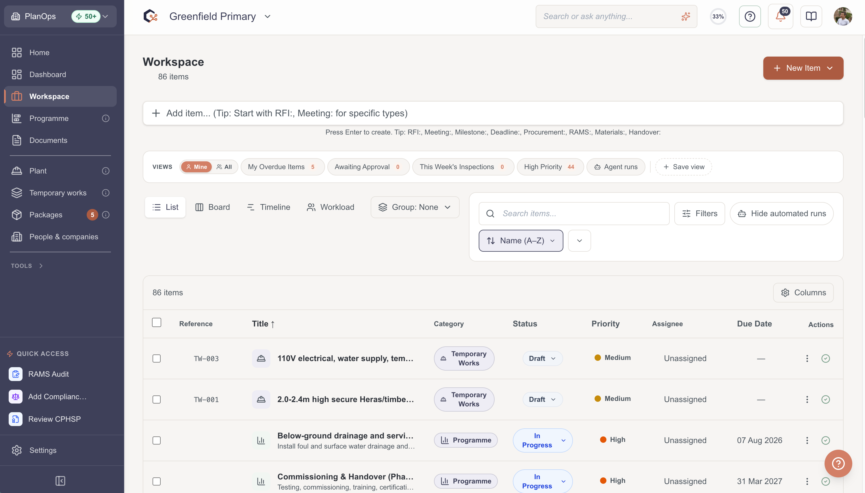 Open the project workspace