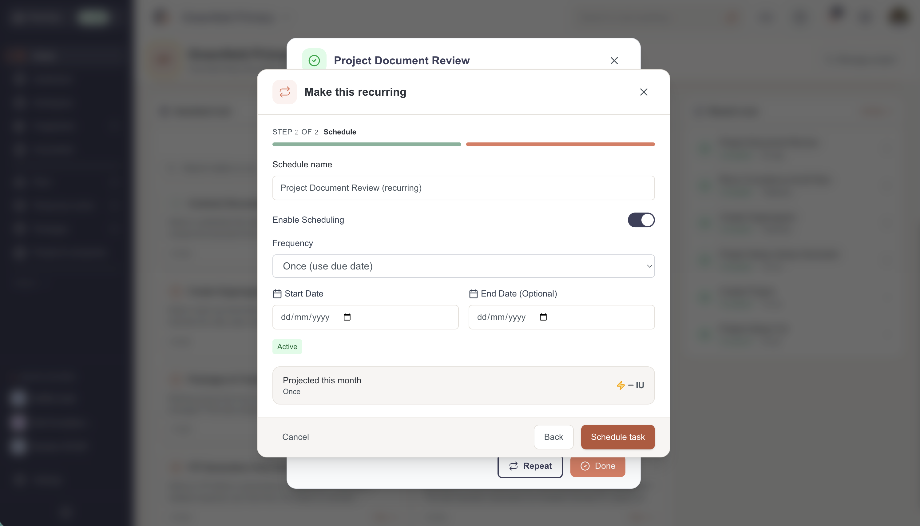 Configure the schedule in the wizard