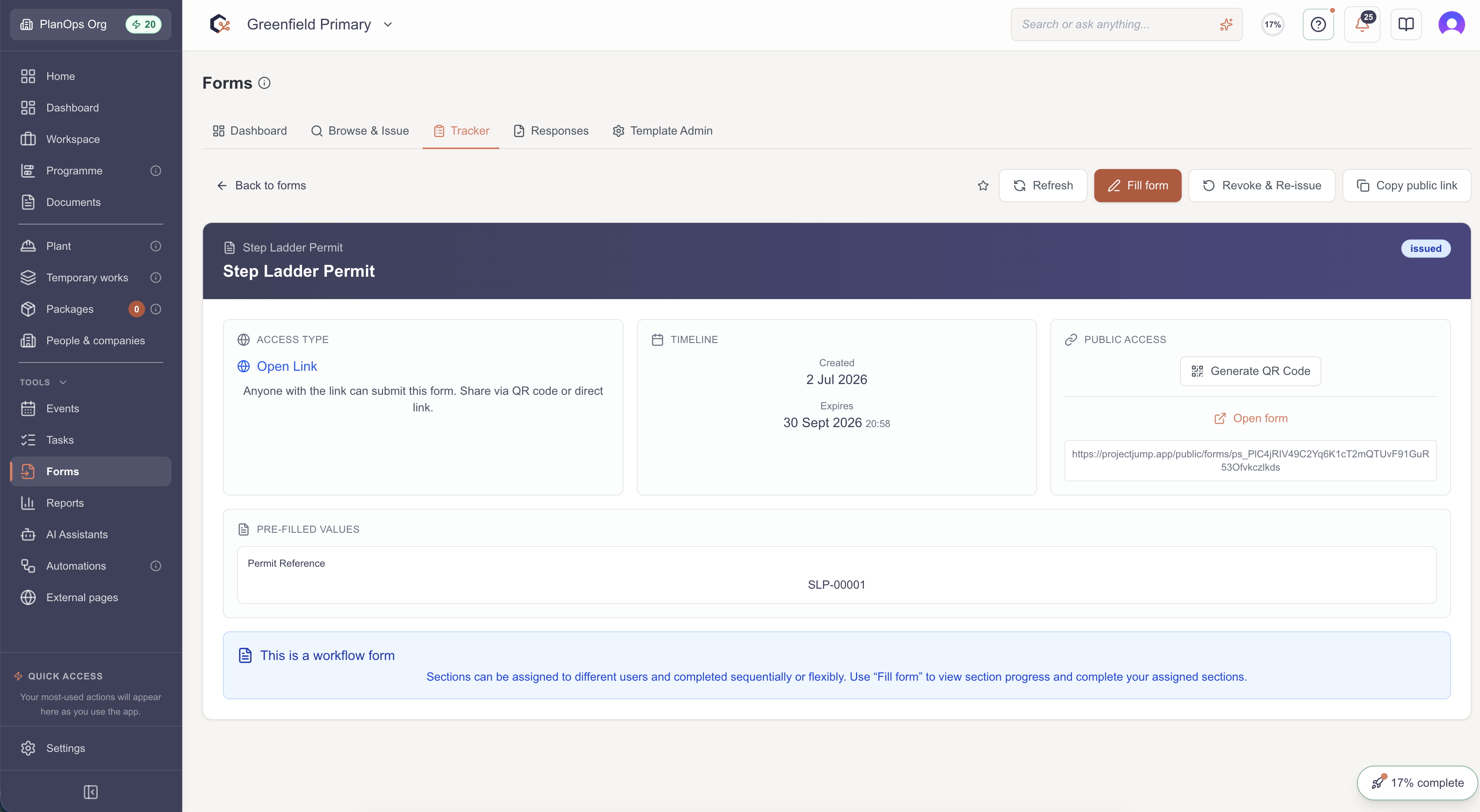 Open the form creation success modal