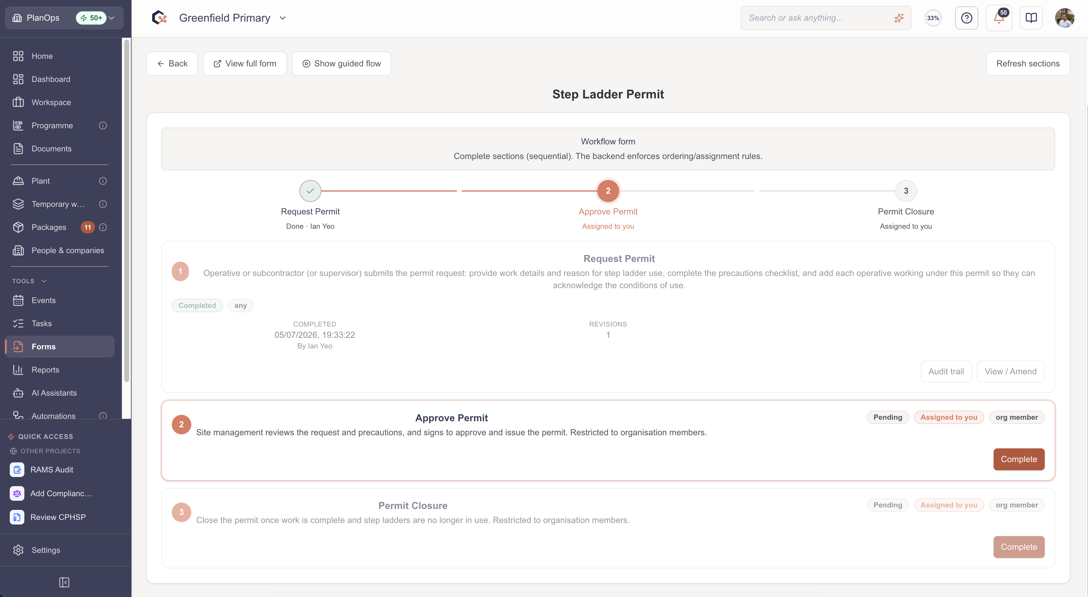 Open a form from the dashboard