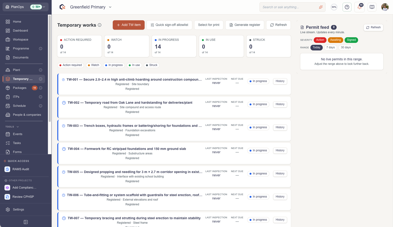 Open the temporary works dashboard