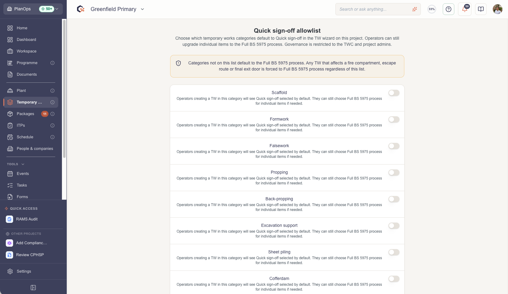 Enable minor temporary works