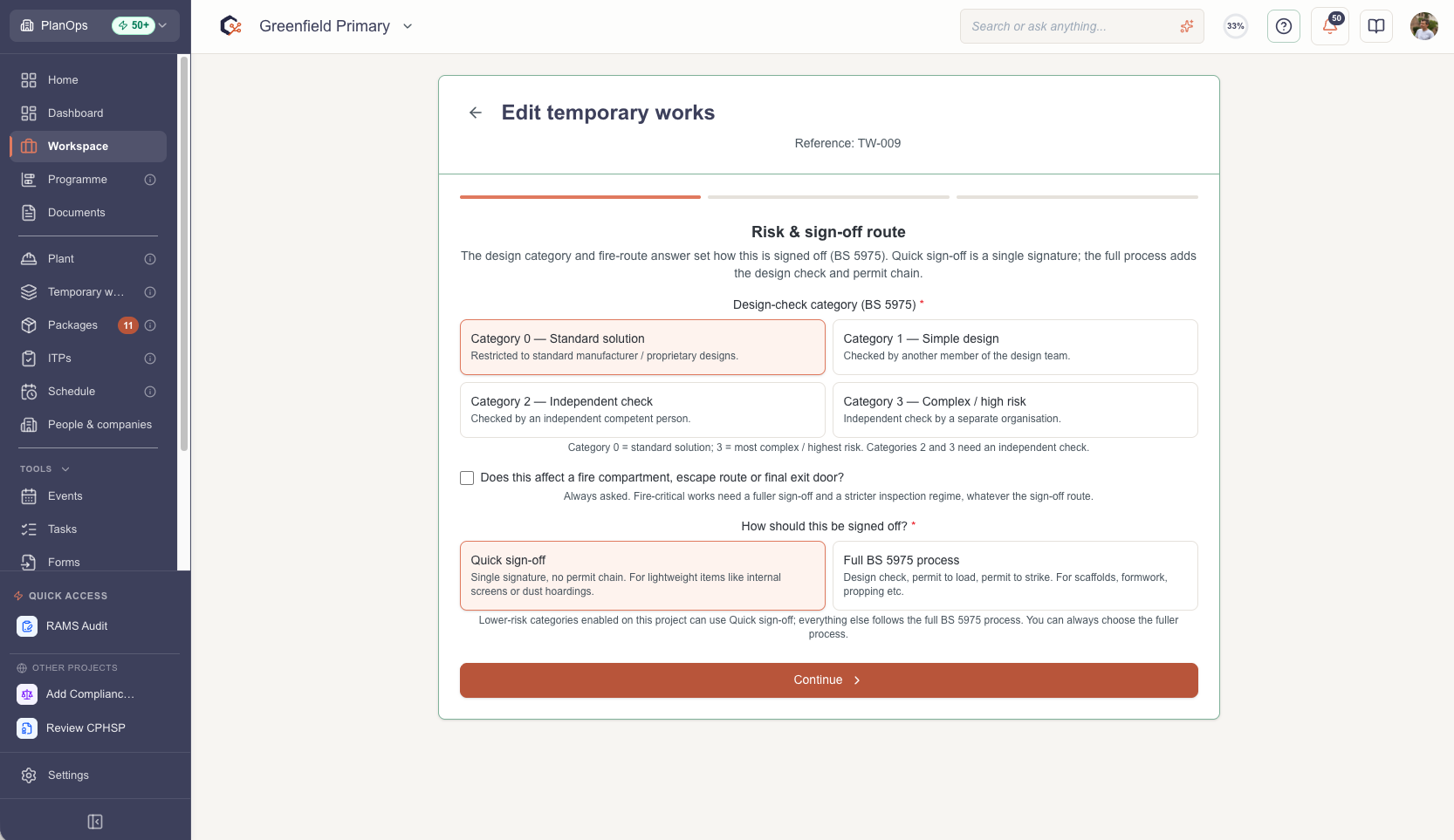 Identify a temporary works item as minor works