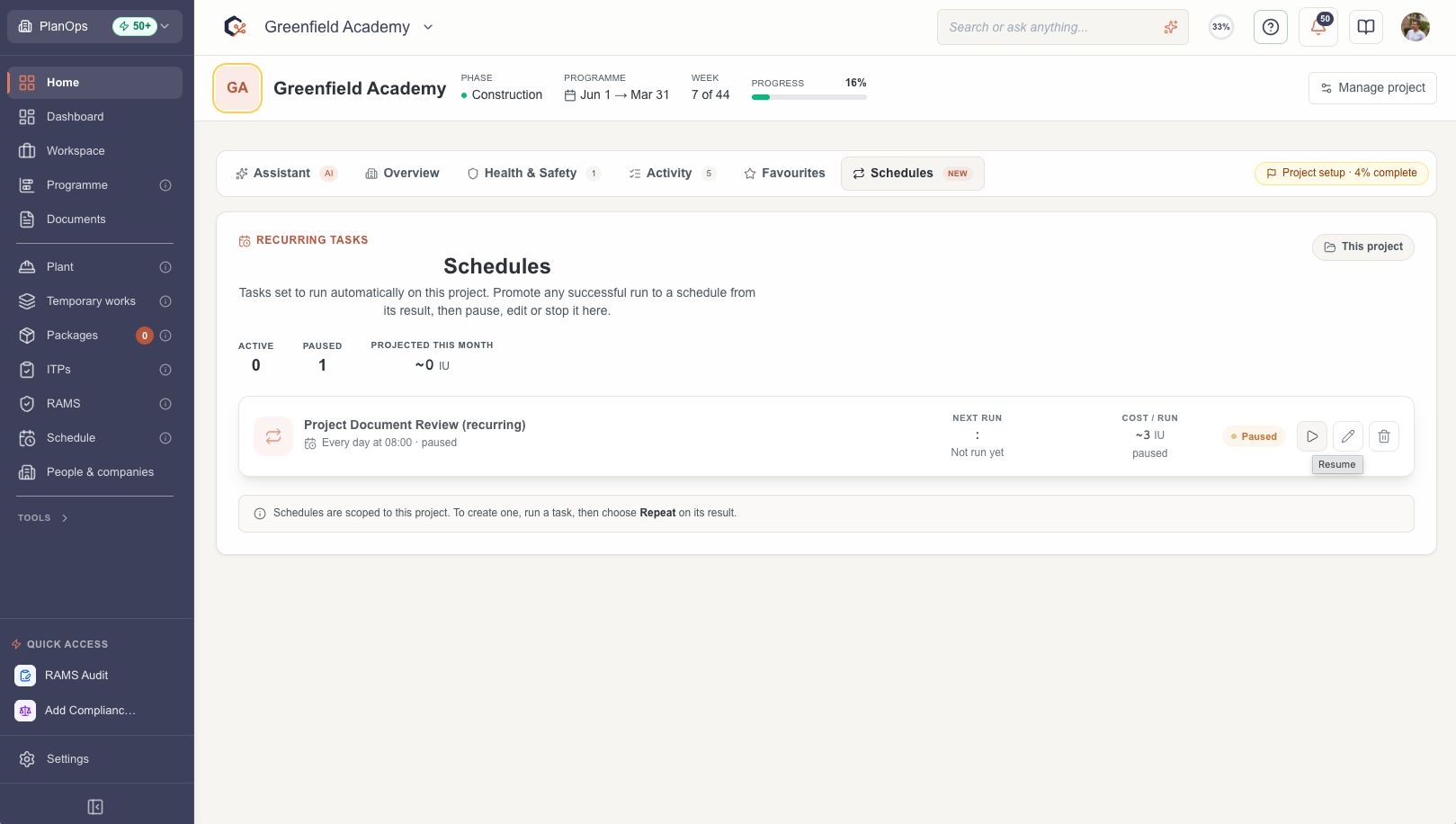 Pause and resume a running schedule
