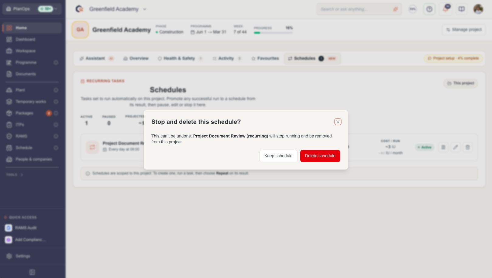 Delete a schedule with confirmation