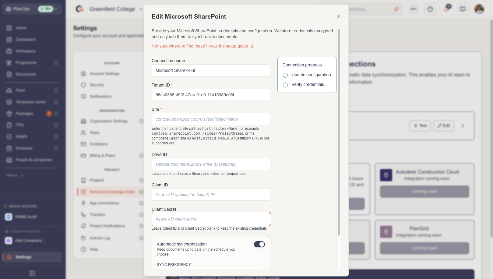 Open the connection dialog in PlanOps