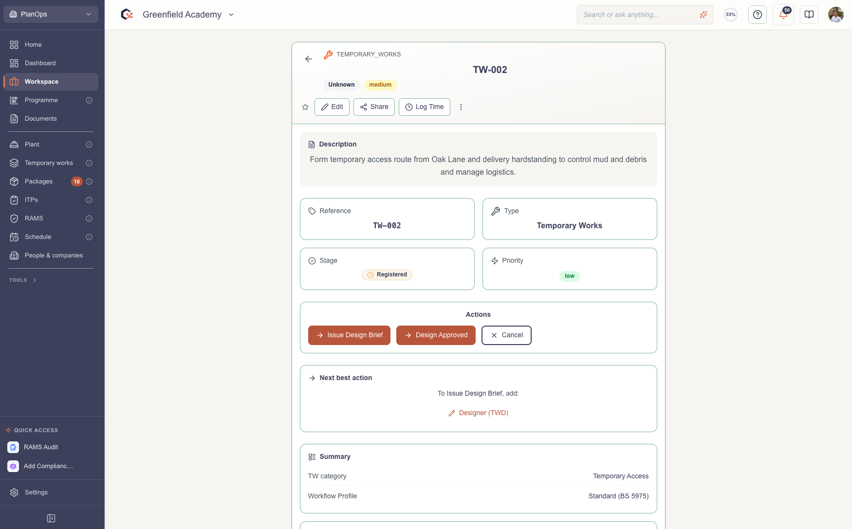 Submit the updated temporary works record