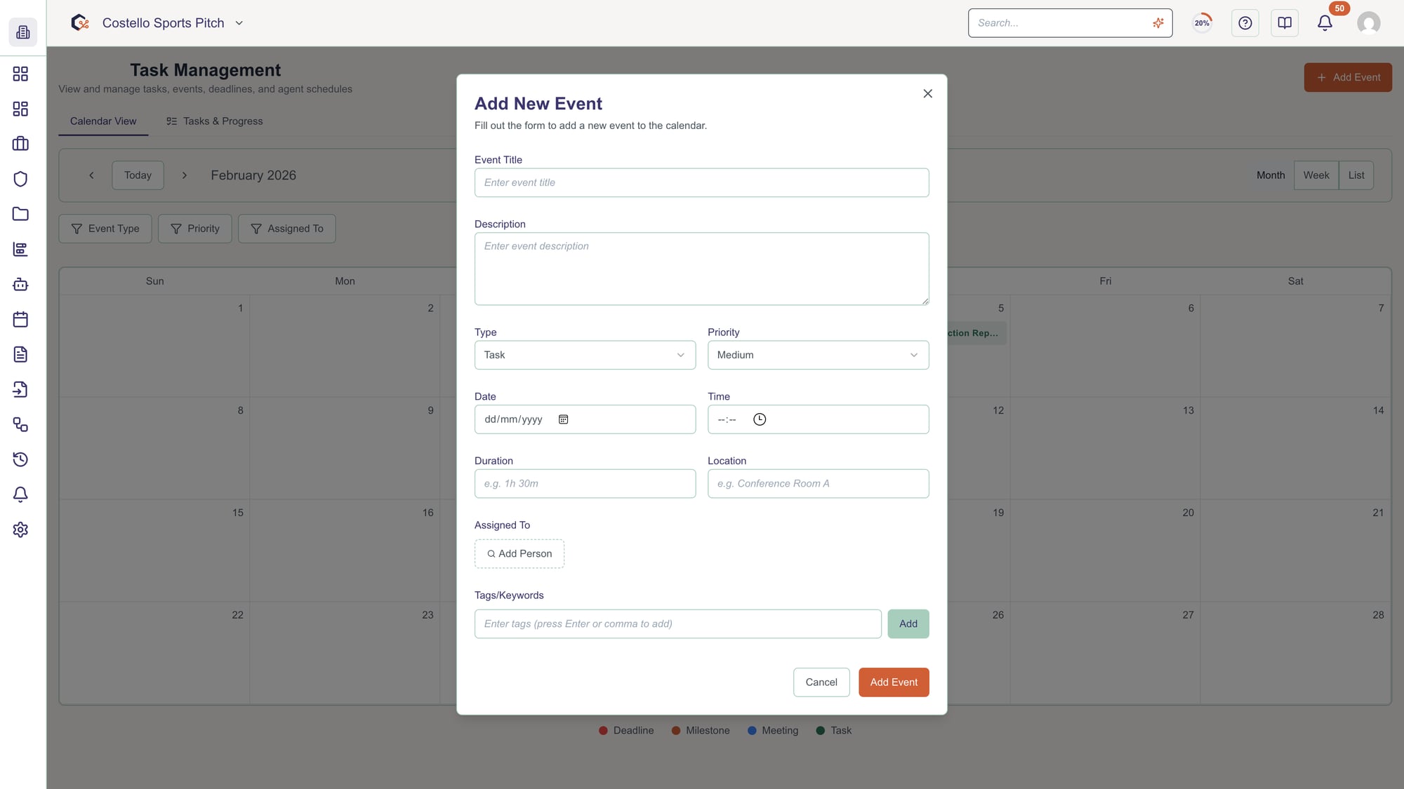 Add a new meeting or milestone to the calendar