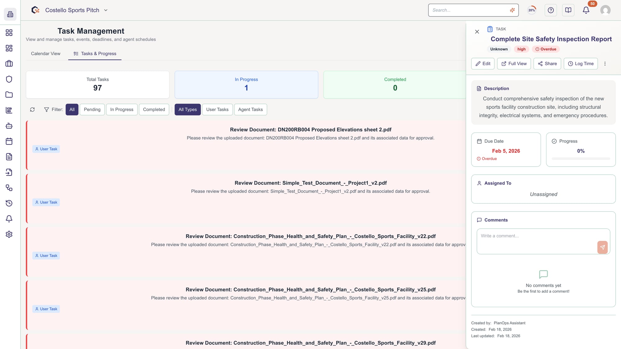 Track task progress in the Tasks tab