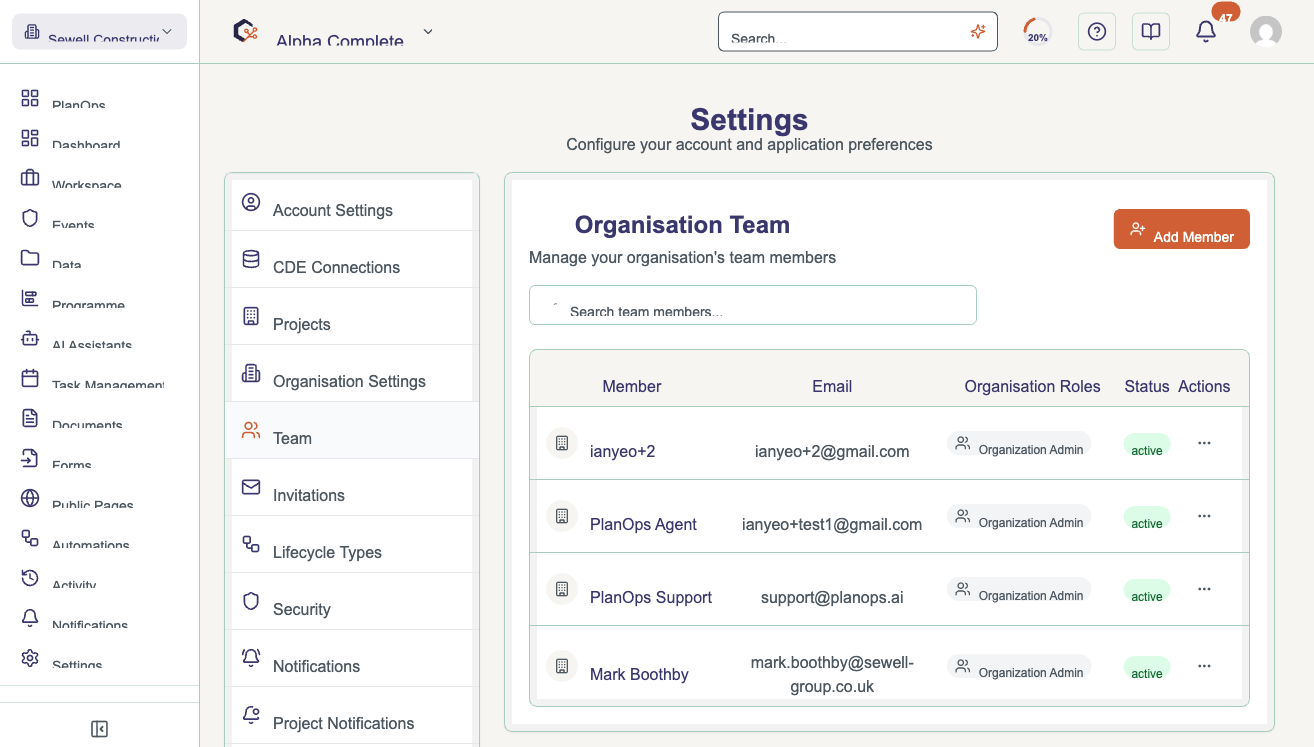 Open the Team Settings page