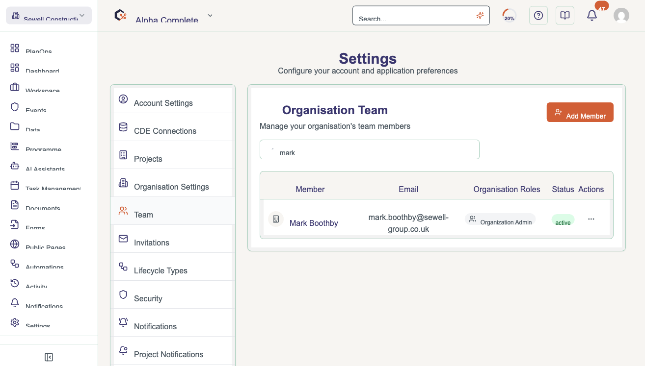 Search for an existing team member