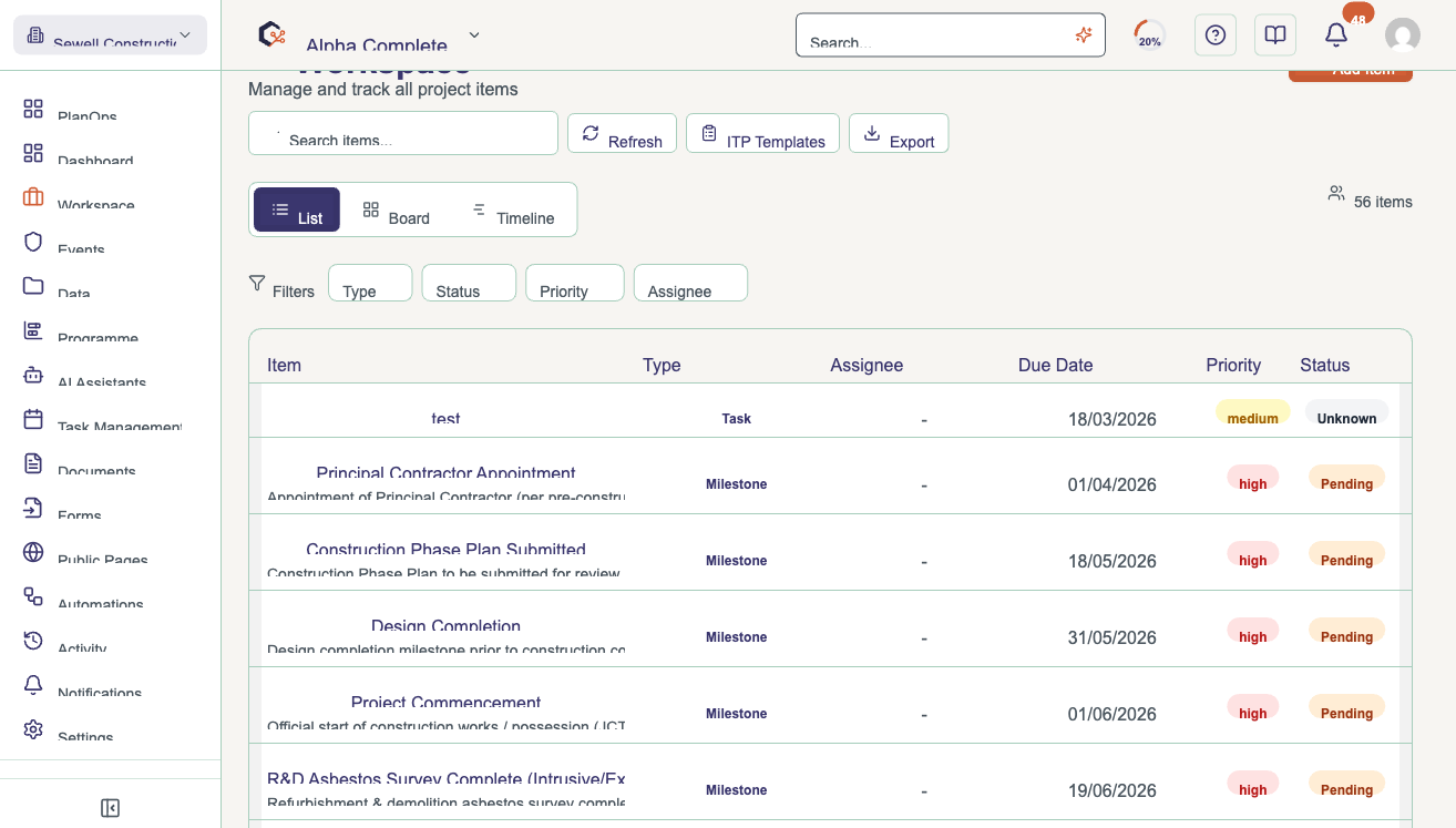 Manage workspace items