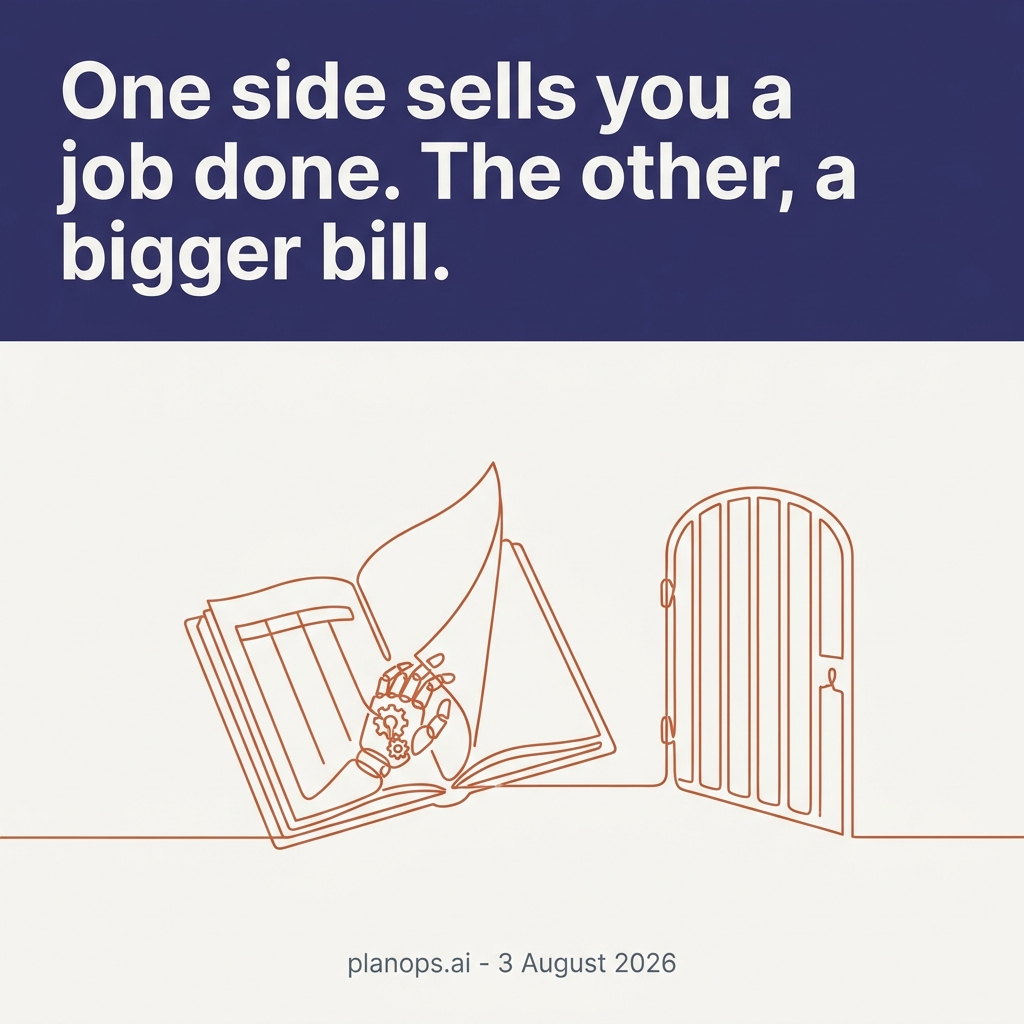 A single line-drawn ledger with a small robotic hand turning its pages, set against a taller closed gate, contrasting an AI-run contractor with a locked-in incumbent