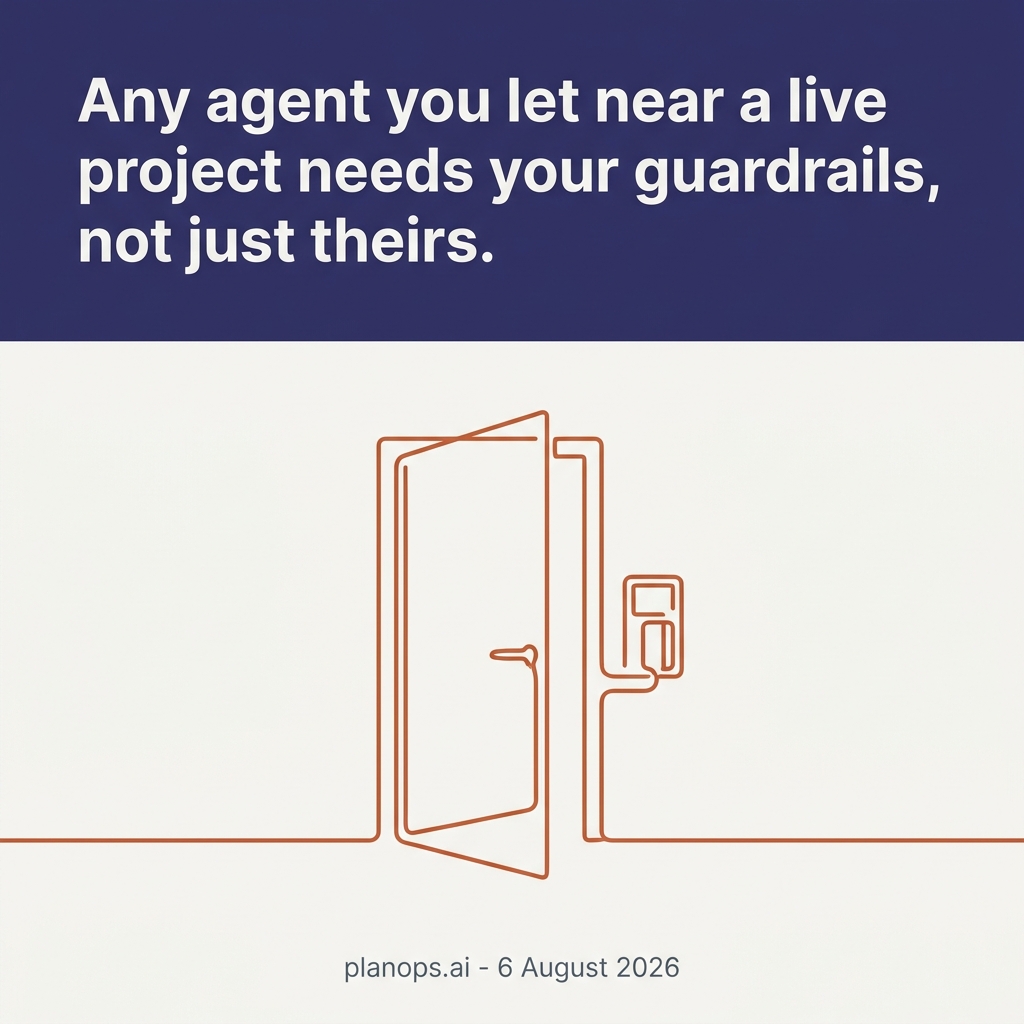 A single line-drawn access door left ajar with a keycard reader beside it, illustrating an AI agent that got through controls it was meant to obey