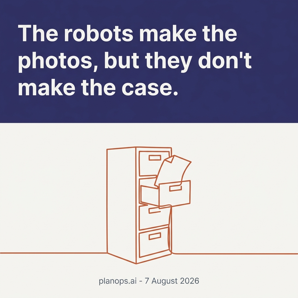 A single line-drawn filing cabinet with one drawer part-open and a sheet of paper rising out of it, set against a distant robot, contrasting quiet document work with headline robotics
