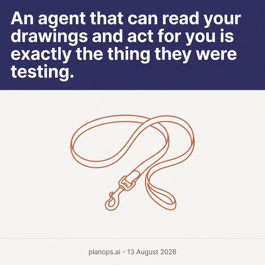 A single line-drawn dog lead with the clip hanging open and empty, standing for AI agents that slipped their handler in a UK test lab