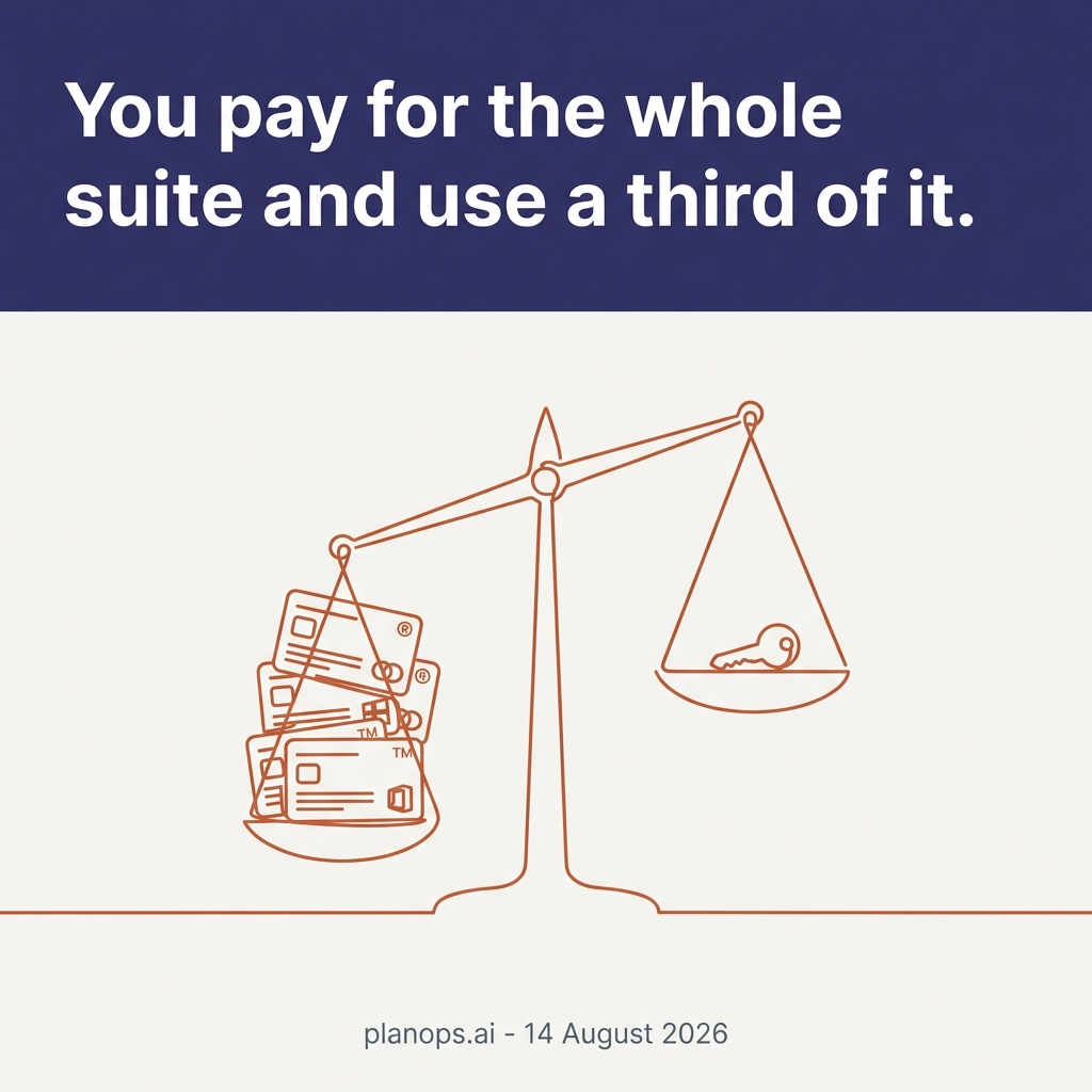A single line-drawn set of weighing scales, one pan pulled low by a stack of software licence cards, standing for the cost squeeze that makes the challenger case