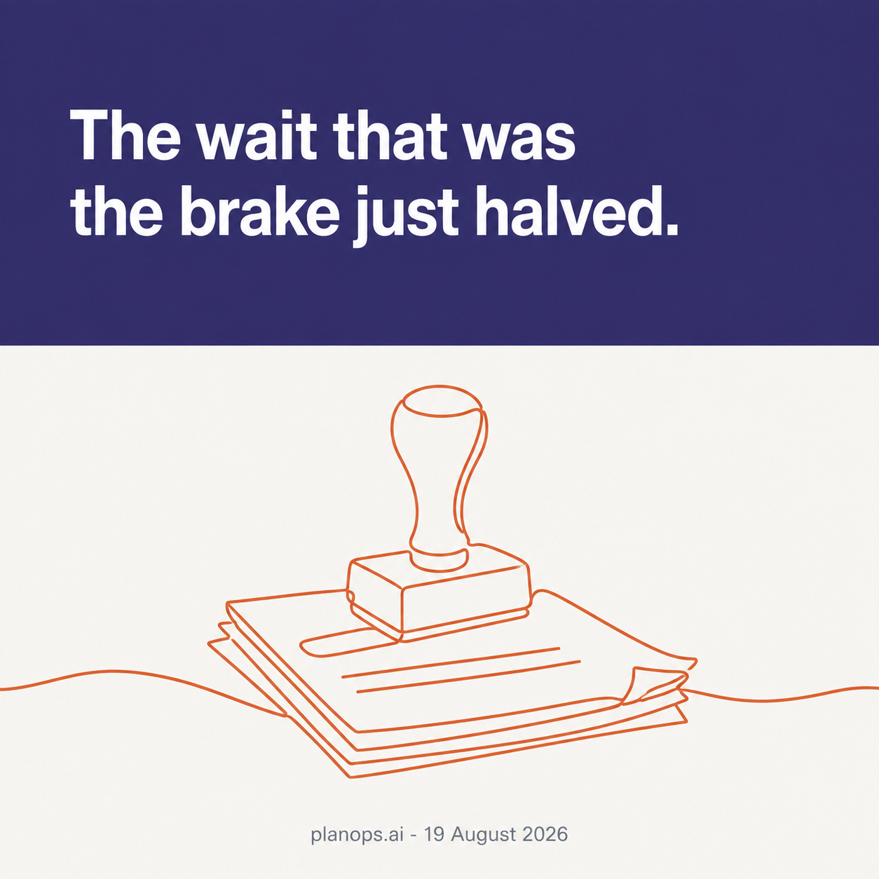 A single line-drawn rubber date stamp pressing down onto a stack of documents, standing for building safety approvals that are landing faster