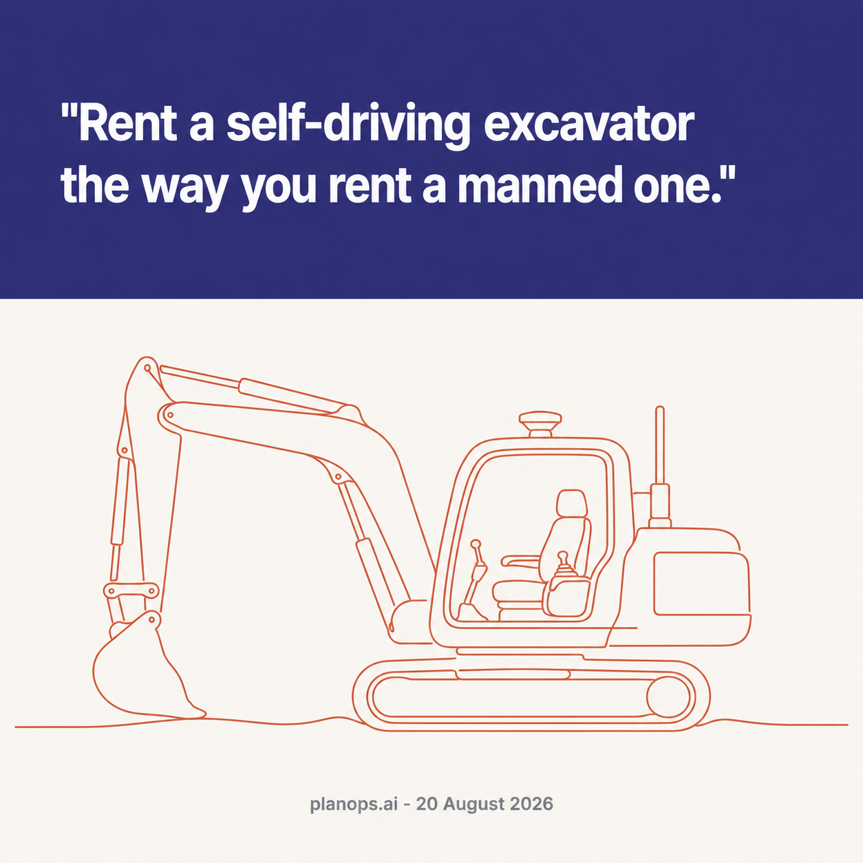 A single-line drawing of an excavator cab with the operator's seat empty, terracotta on off-white, standing for autonomous plant landing on UK sites