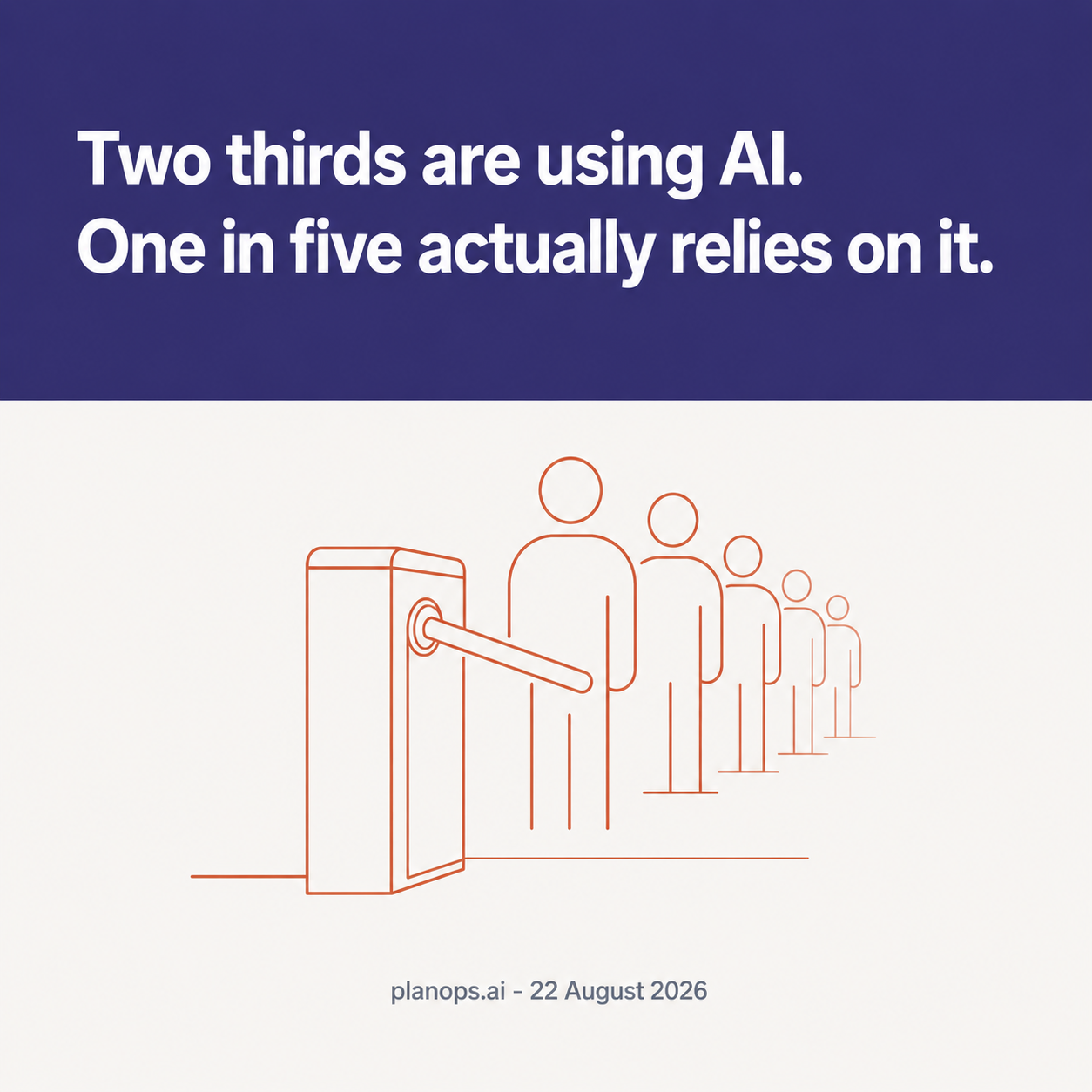 A single-line drawing of a turnstile with its arm stuck half-turned, terracotta on off-white, standing for AI adoption jammed at the pilot gate