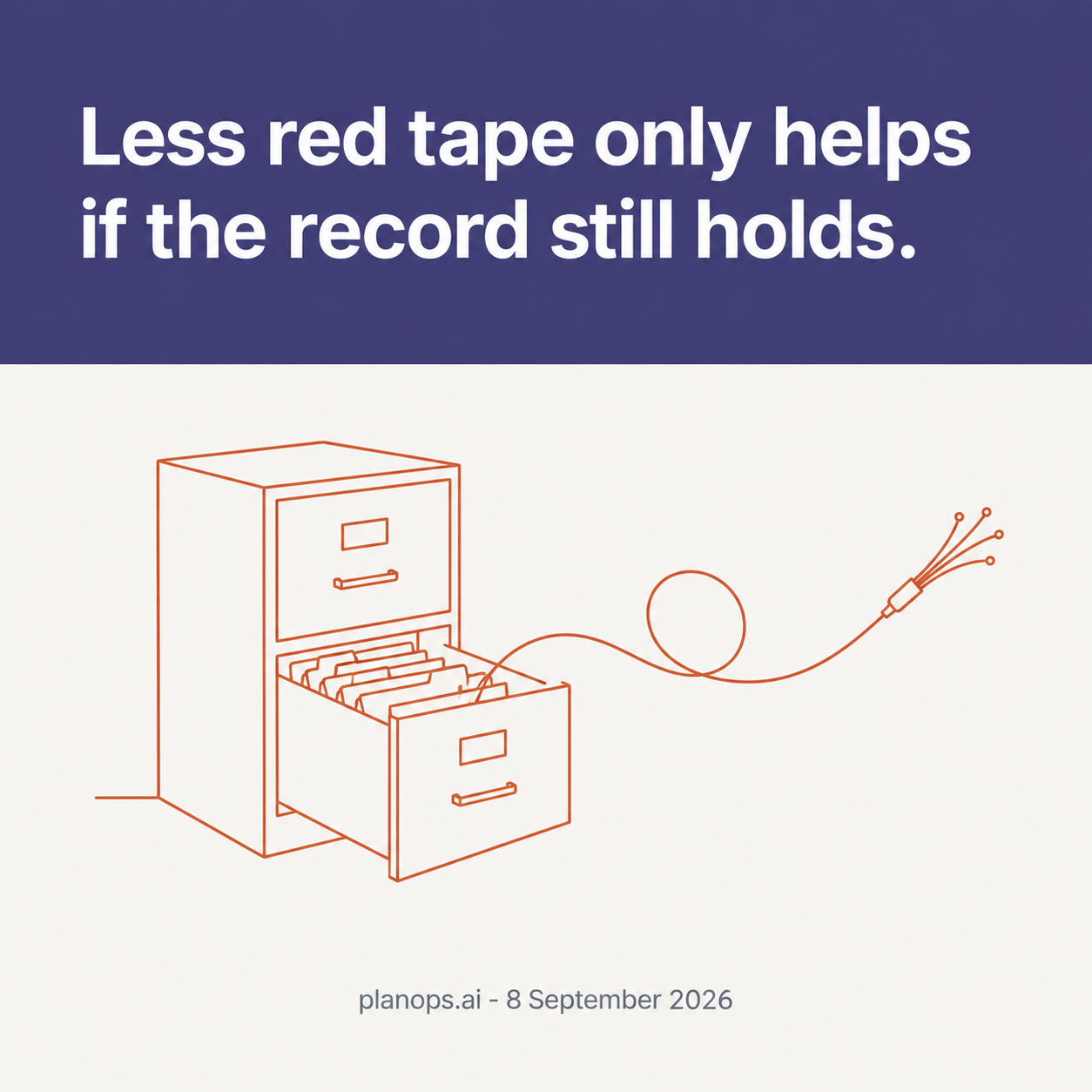 A single-line drawing of an open filing-cabinet drawer with a fibre-optic cable looping out of it, standing for the record that has to outlast the relaxed rule