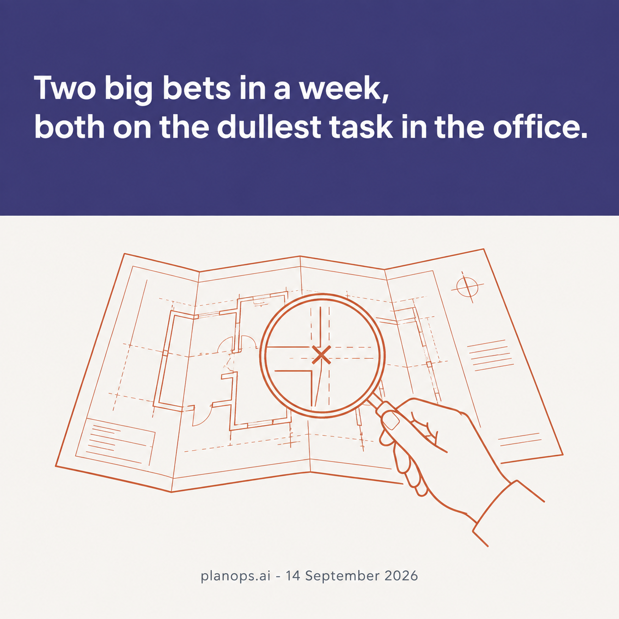 A single-line drawing of a magnifying glass held over a folded set of drawings, marking the one task the money keeps buying
