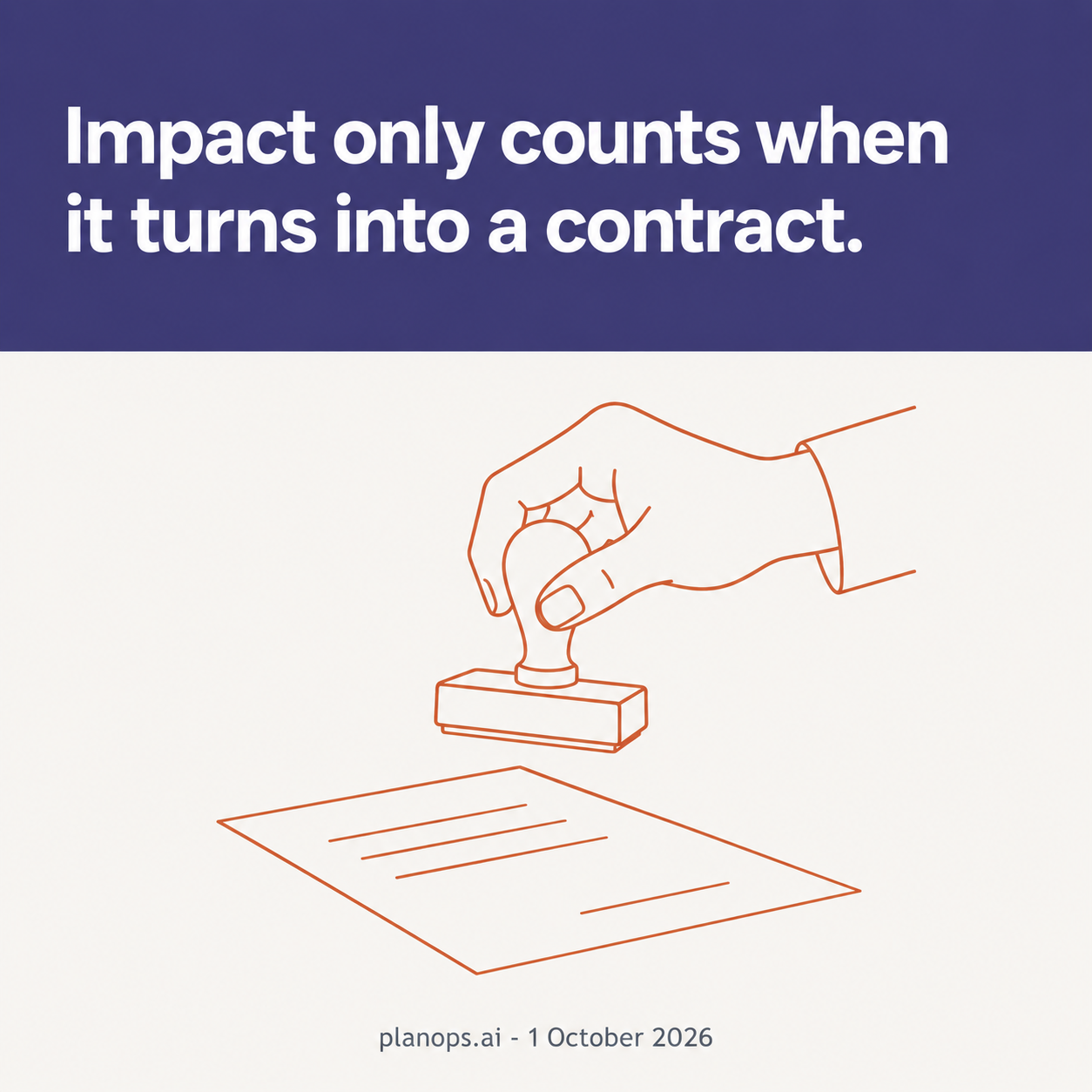 A single line drawing of a rubber date stamp held just above a sheet of paper, the impression not yet made, standing for proof turned into a contract
