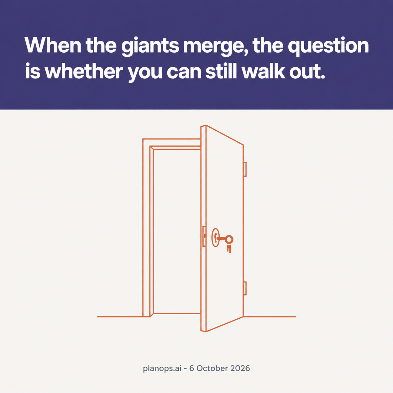 A single line drawing of a plain door standing open in its frame, a key left in the lock on the near side, standing for a customer free to walk out with their own data