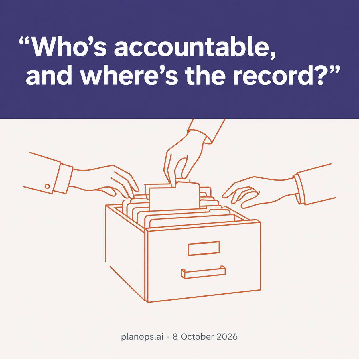 A single line drawing of a filing cabinet drawer pulled open with one folder standing slightly proud of the rest, standing for a shared record that several parties reach into