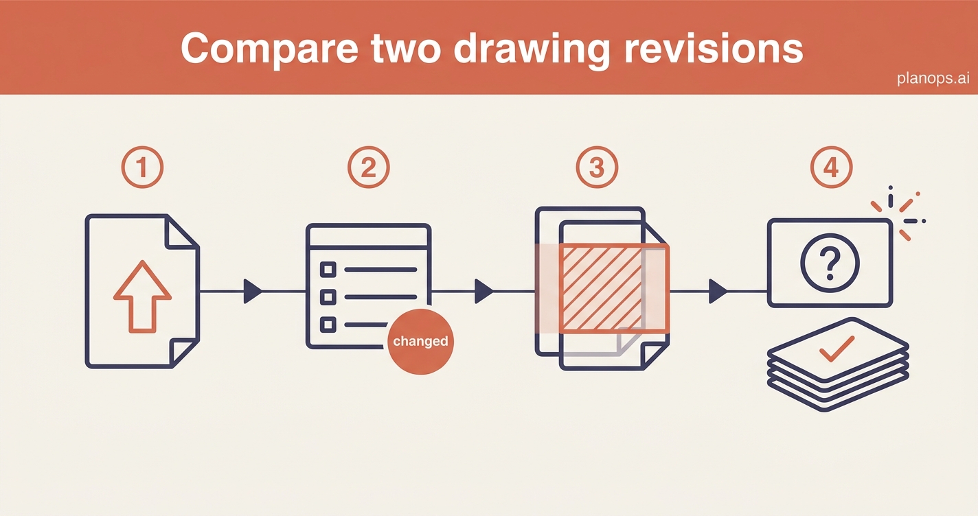 A terracotta workflow banner above four steps, from uploading a new drawing revision to RFIs raised on the differences.