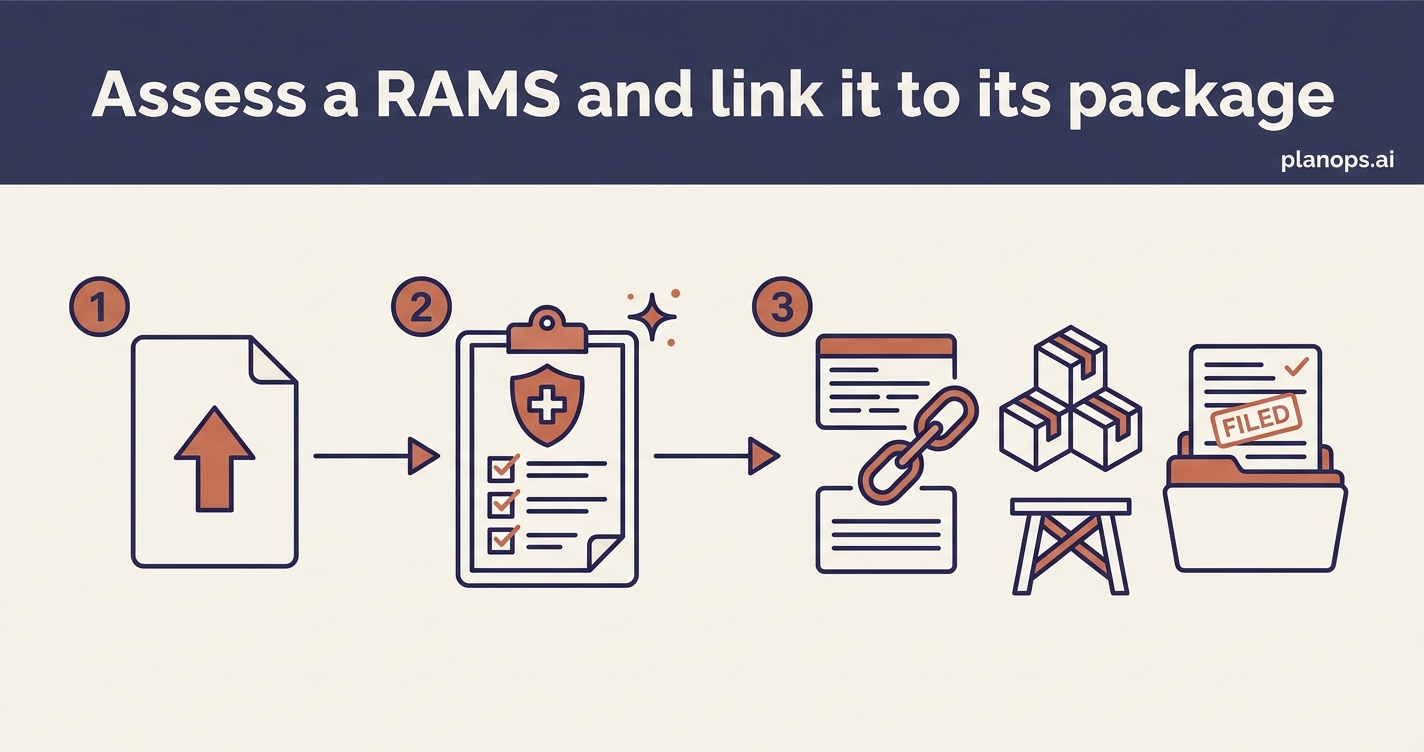 A deep-indigo workflow banner above three steps, from uploading a RAMS to a checked RAMS record linked to its package and temporary works.