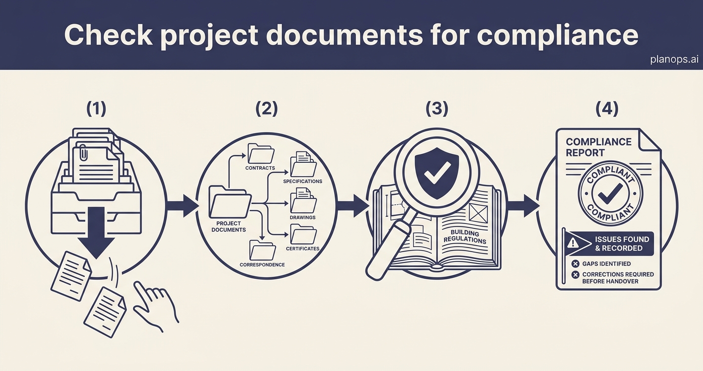 A deep-indigo workflow banner above four steps, from a pending-document tray to a stamped Building Regs compliance report.