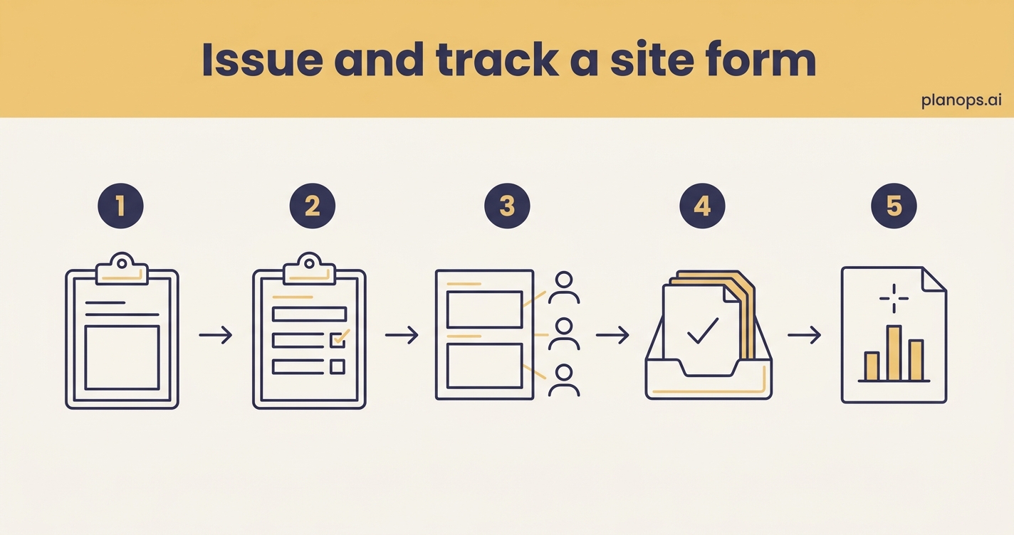 A gold workflow banner above five steps, from building a form template to an AI-generated project report.